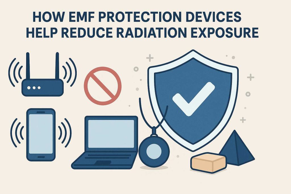 A flat digital illustration demonstrating EMF (Electromagnetic Field) protection. The left side shows unprotected devices emitting radiation, while the right side features a shield symbolizing EMF protection with a Wi-Fi router, smartphone, and laptop.