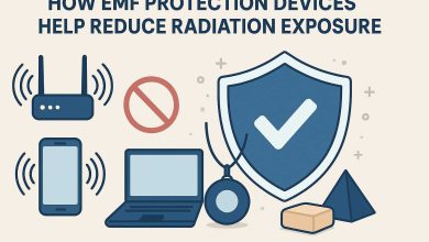 A flat digital illustration demonstrating EMF (Electromagnetic Field) protection. The left side shows unprotected devices emitting radiation, while the right side features a shield symbolizing EMF protection with a Wi-Fi router, smartphone, and laptop.