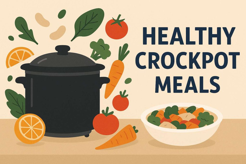 A flat, digital illustration promoting healthy crockpot meals. A black crockpot sits at the center, surrounded by fresh ingredients such as vibrant fruits, vegetables, and a prepared dish. The composition features warm earthy tones and greens, with bold blue text highlighting "HEALTHY CROCKPOT MEALS" beside the crockpot.