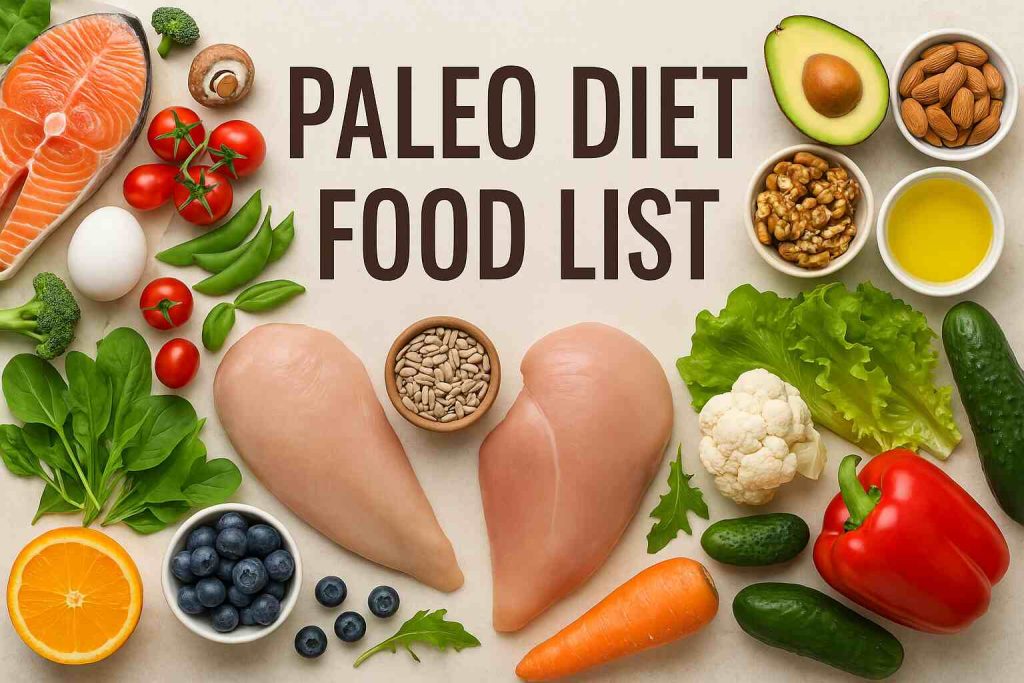 A top-down view of various Paleo-friendly foods, including salmon, avocado, almonds, vegetables, and fruits, arranged around the bold heading “PALEO DIET FOOD LIST” on a textured beige background, emphasizing freshness and balance.